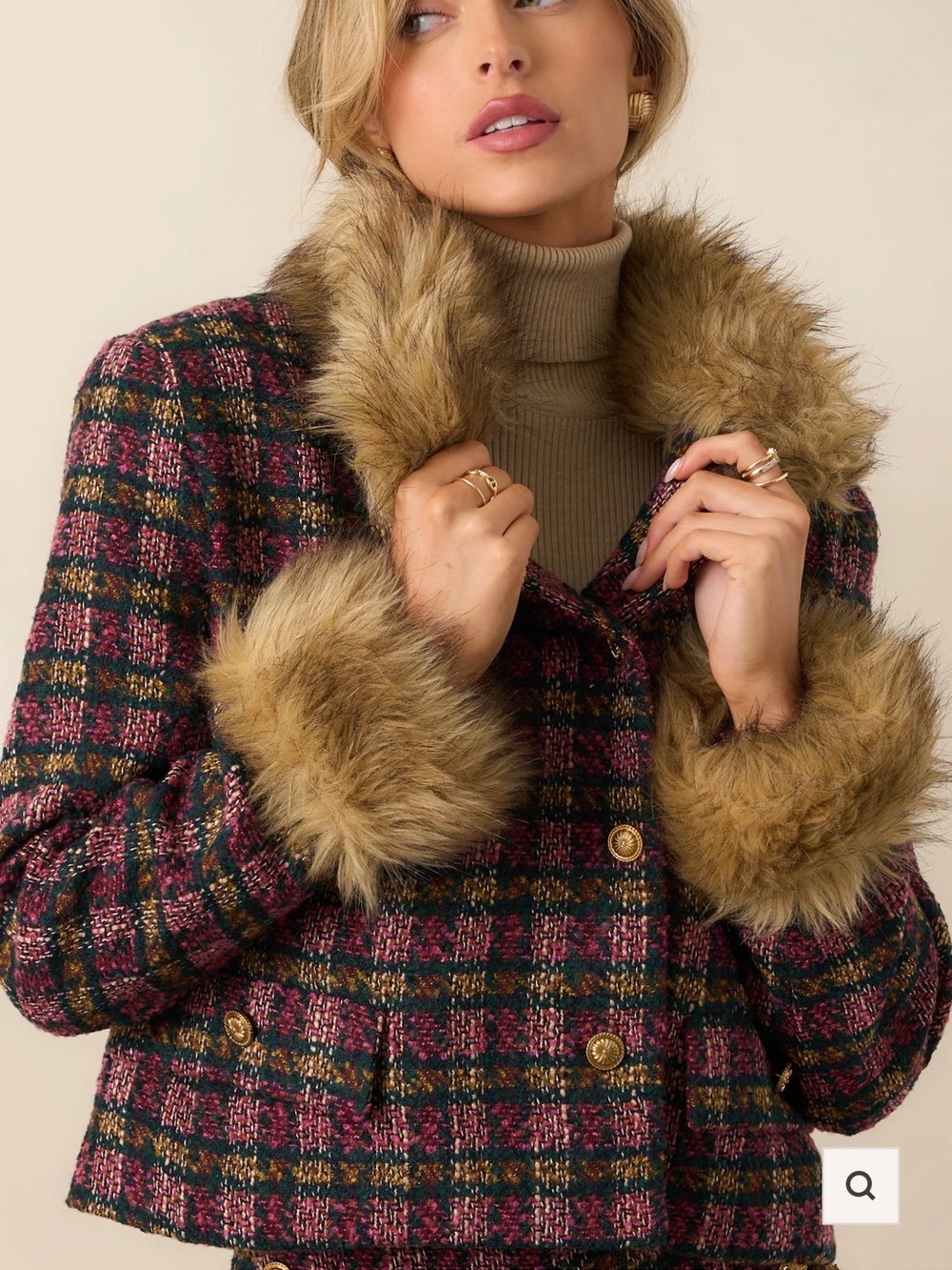 Tweed faux -Fur Trim Plaid Coat Jacket in Burgundy